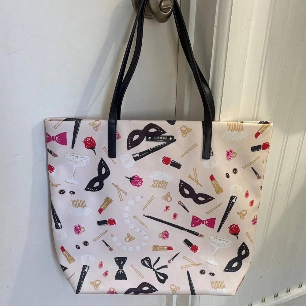 EUC! Kate Spade Cream Tote with Black Handles and Colorful Print - Picture 1 of 6